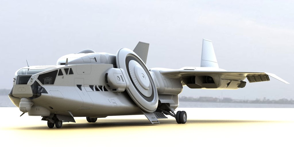 A futuristic passenger aircraft with a streamlined design, featuring large turbine engines and a sleek fuselage, positioned on an airstrip against a soft, overcast sky.
