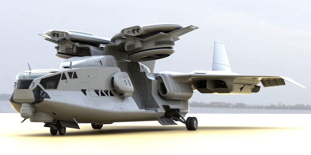 A futuristic aircraft with rotors and a sleek design, positioned on a runway against a soft sky backdrop.