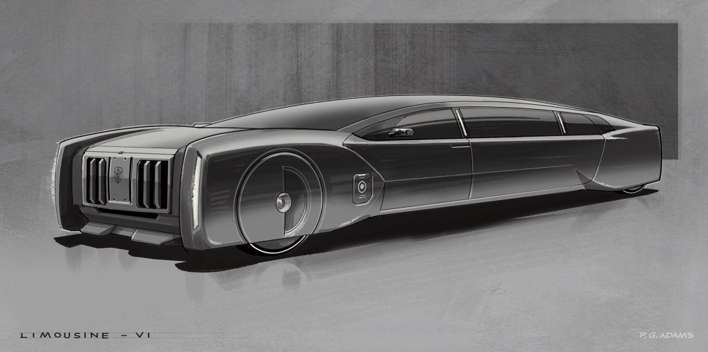 A sleek, futuristic limousine design featuring a streamlined body, large front grille, and unique wheel architecture.
