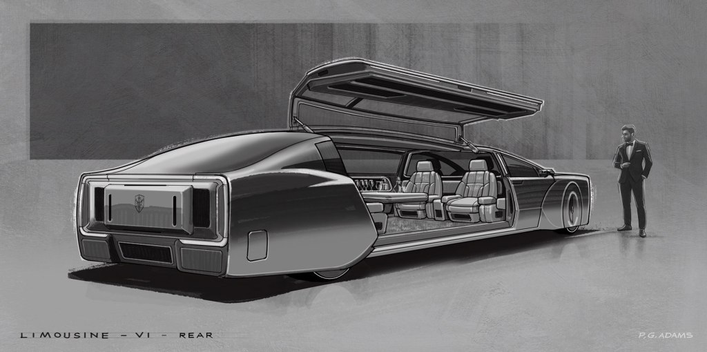 Concept design of a luxury limousine showcasing the rear view with an open roof, revealing a plush interior and a standing man in formal attire.