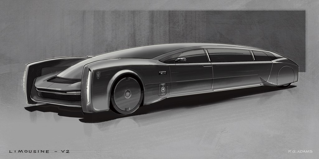 Futuristic concept design of a sleek black limousine with an elongated body and unique wheel design.