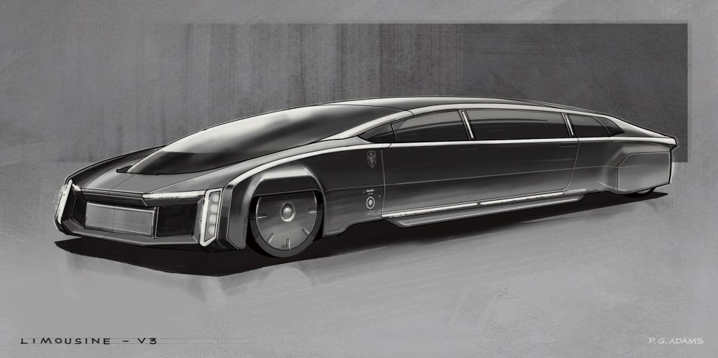 Concept design of a futuristic limousine with a sleek, elongated body and modern aesthetics.