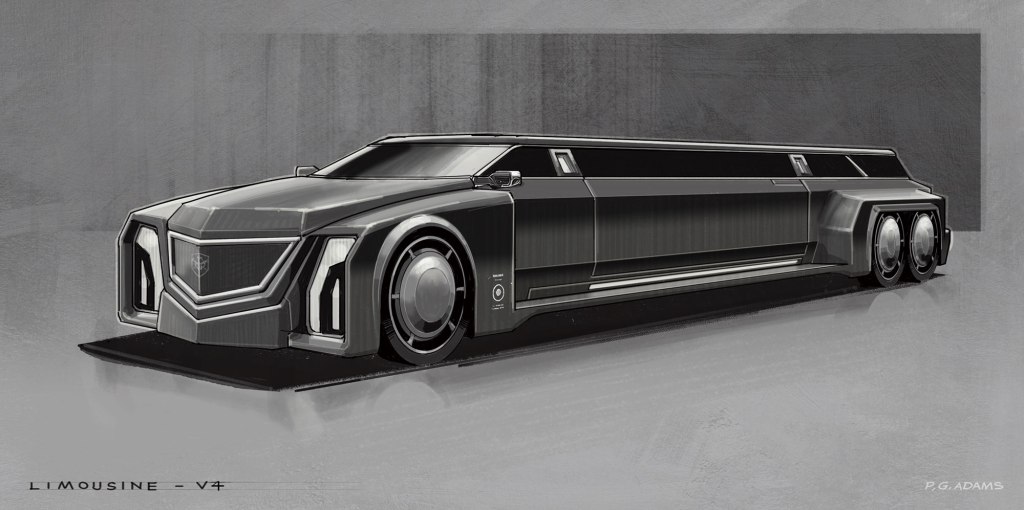 Concept design of a sleek, futuristic limousine with a low-profile design and distinctive front grille.