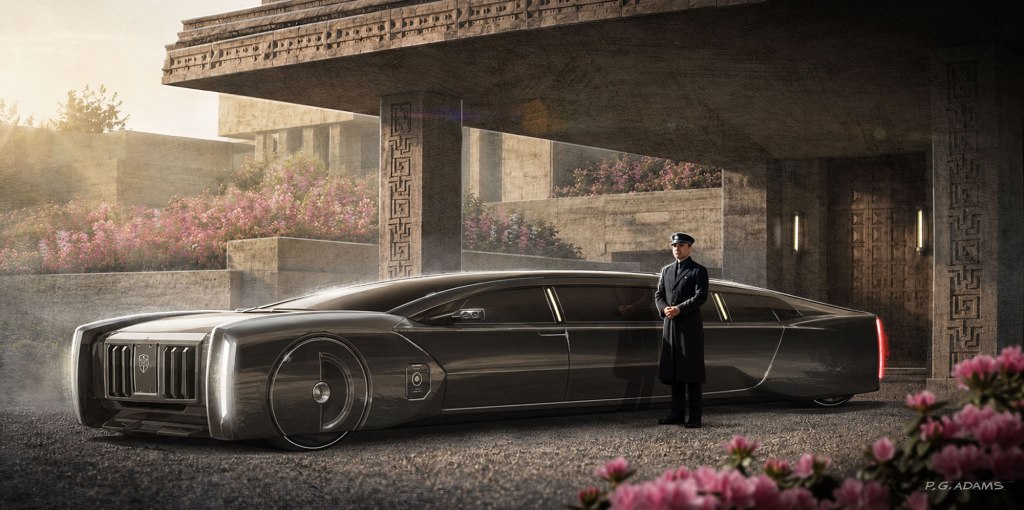 A futuristic luxury car parked in front of a modern building, with a uniformed chauffeur standing beside it, surrounded by blooming flowers.