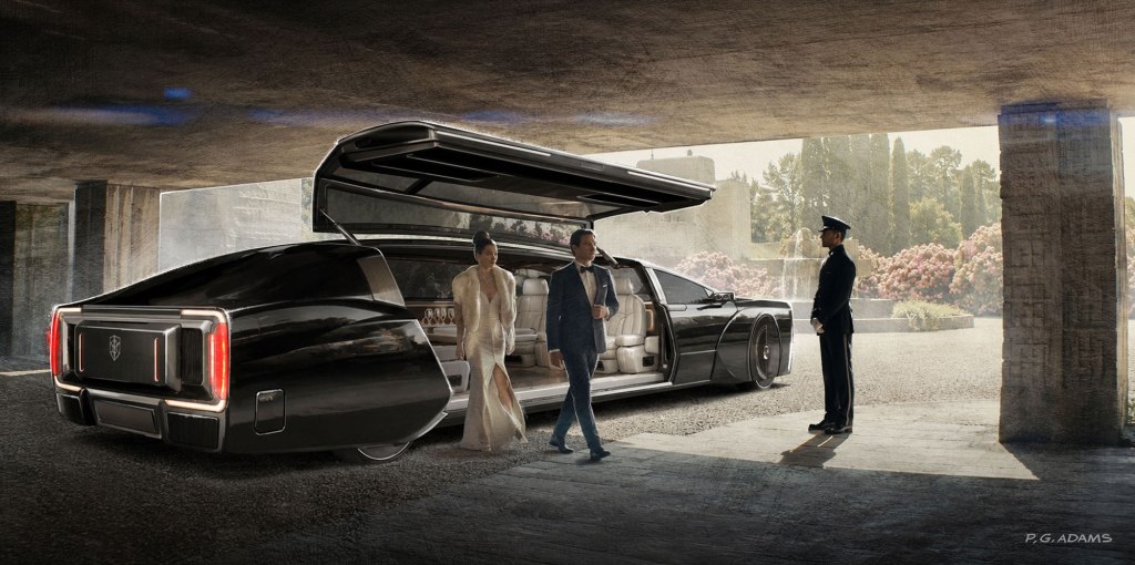 A luxurious black limousine with a distinctive rear design, parked in a stylish entrance. Two elegantly dressed people exit the vehicle as a uniformed chauffeur stands nearby, all set against a backdrop of a well-manicured garden.