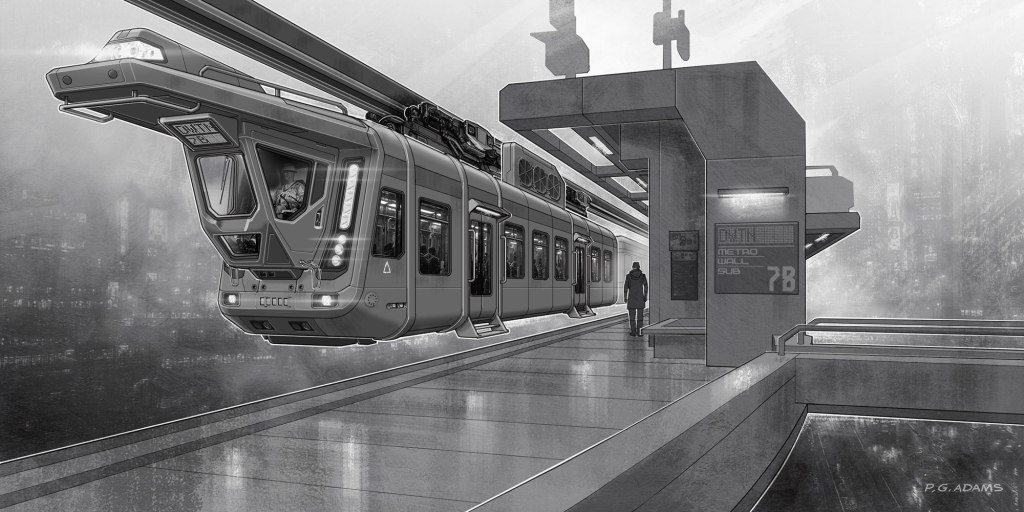 A futuristic transit station with a sleek, elevated train arriving. The platform features modern architecture and digital signage.