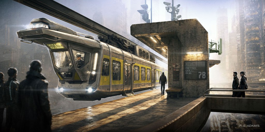 Futuristic train arriving at a sleek station in a cityscape, with passengers waiting and skyscrapers in the background.