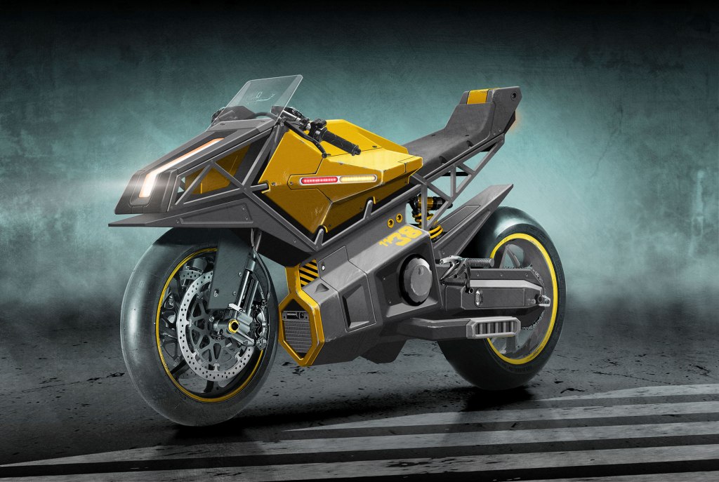 A futuristic yellow motorcycle with a sleek design, featuring angular shapes and a black frame, set against a textured background.