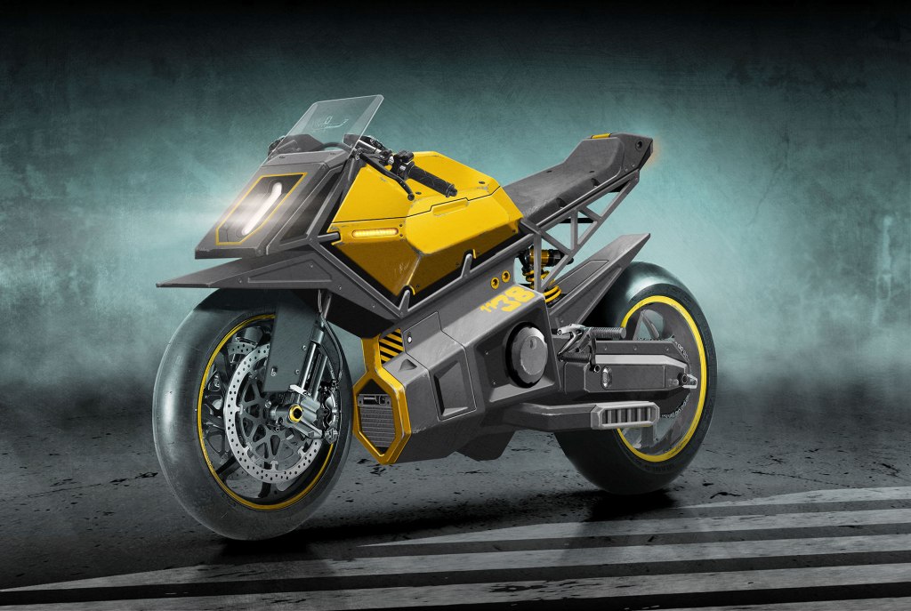 A futuristic motorcycle with a sleek design, featuring a yellow body and large wheels, set against a dark, textured background.