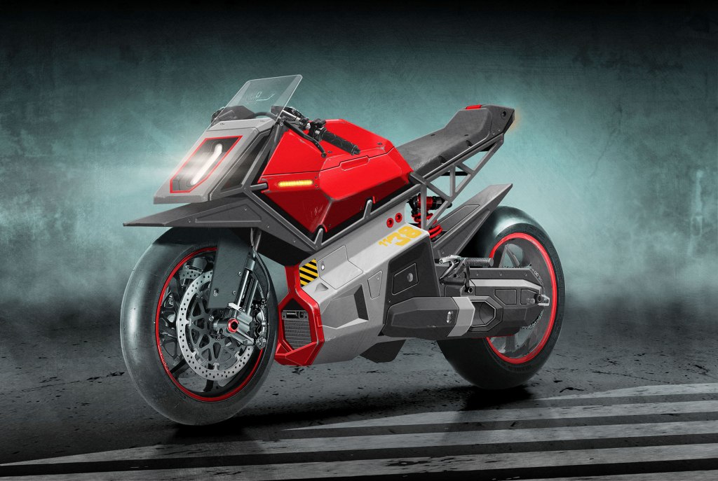 Futuristic red and gray motorcycle with sleek design and visible technological features, set against a textured background.