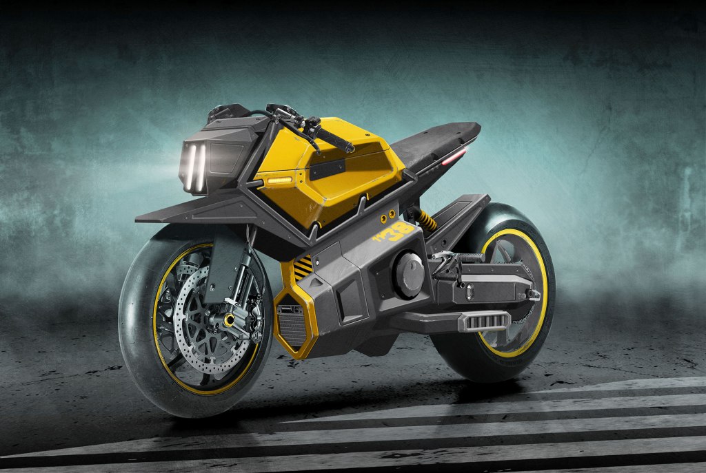Futuristic motorcycle with a sleek design featuring a yellow and black color scheme, highlighted by modern headlights and bold lines, set against a textured background.