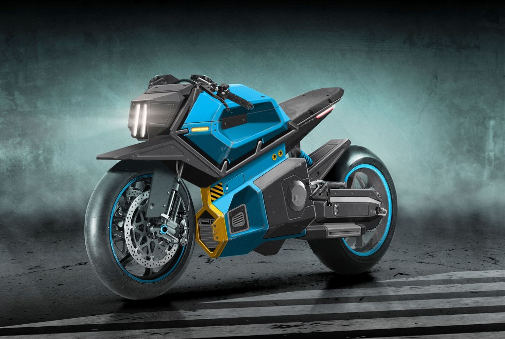 A futuristic blue and black motorcycle featuring sleek lines, prominent headlights, and an innovative design, set against a dark background.