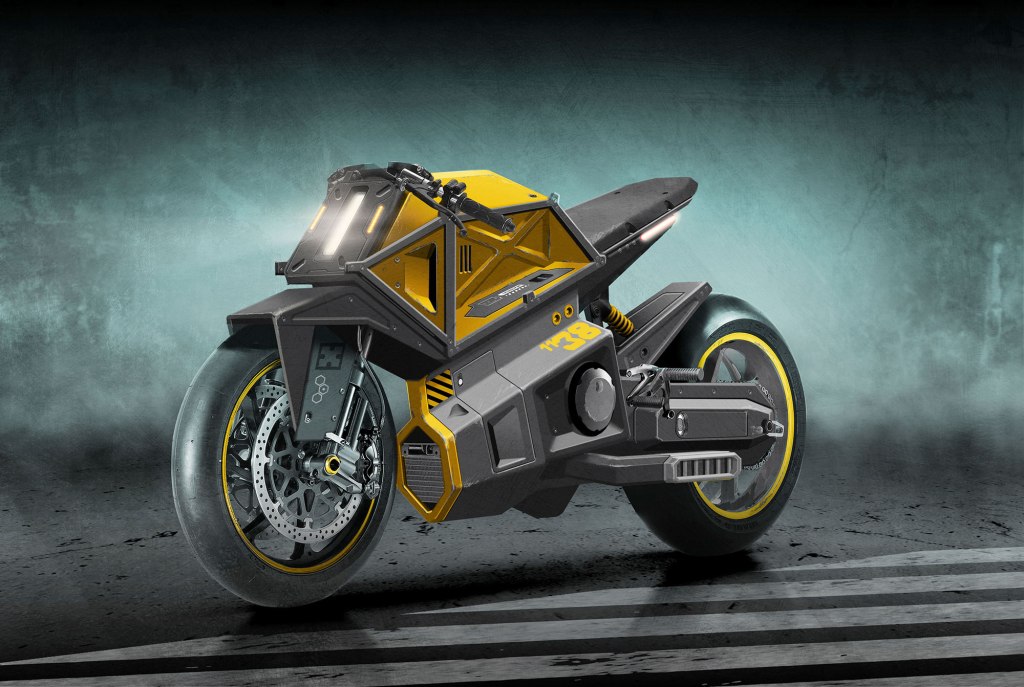 A futuristic motorcycle with a sleek design featuring a yellow and gray color scheme, showcased against a textured background.