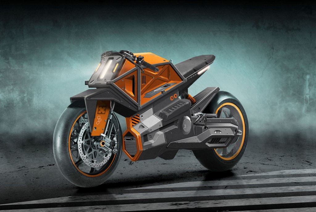 A futuristic motorcycle design featuring a striking orange and gray color scheme, showcasing unique geometric shapes and advanced mechanical components, set against a dark, textured background.