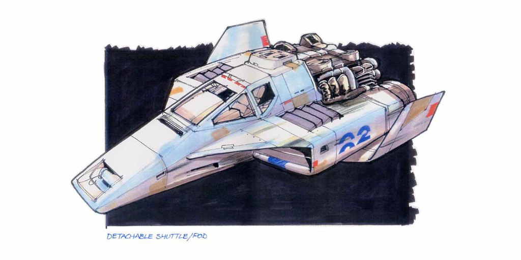 Illustration of a futuristic detachable shuttle or pod featuring sleek design and multiple propulsion engines.