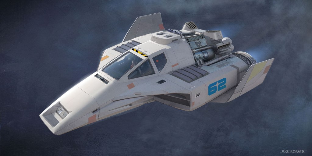 A futuristic spacecraft with a sleek design, featuring a prominent cockpit and rear-mounted engines, set against a dark space background.