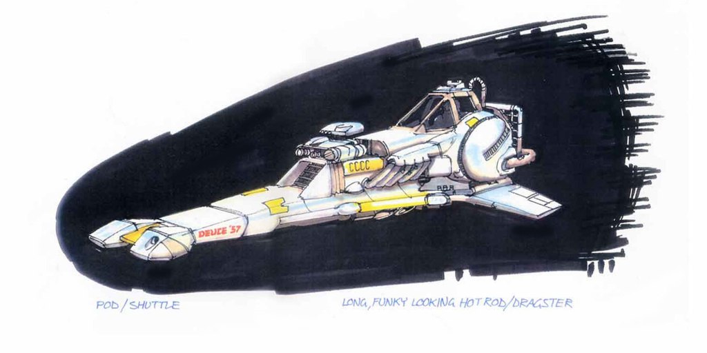 Concept art of a futuristic pod or shuttle resembling a hot rod or dragster, with a sleek design and various details highlighted.