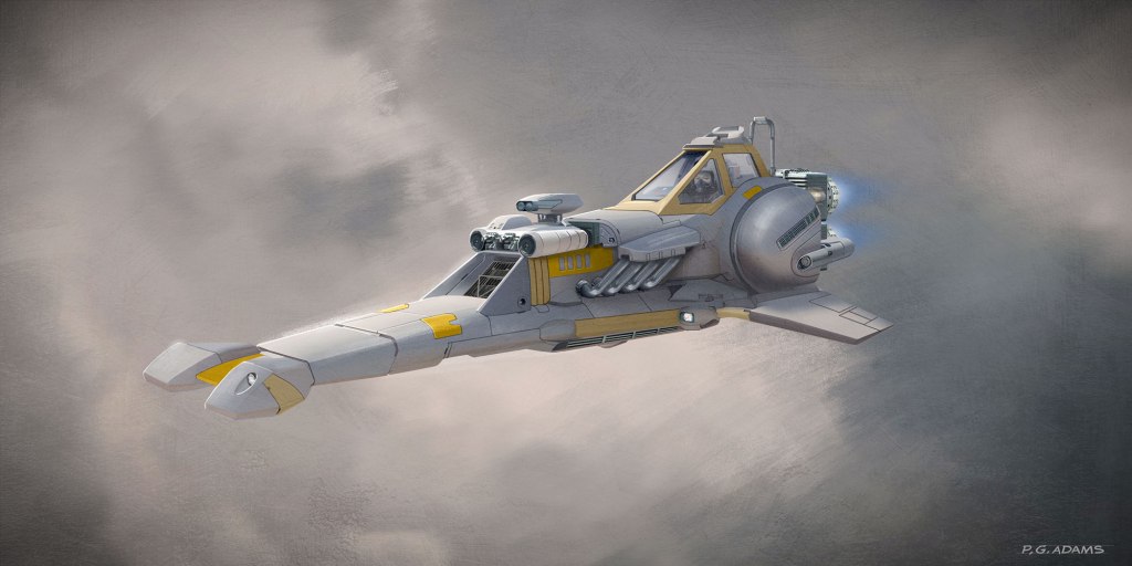 A futuristic spacecraft with a sleek design, featuring a rounded body, wings, and multiple engines. It is depicted flying through a cloudy atmosphere.