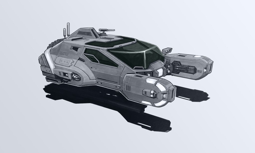 A futuristic, stylized spacecraft with a sleek design, featuring a dark green canopy and prominent side thrusters, depicted against a light gray background.