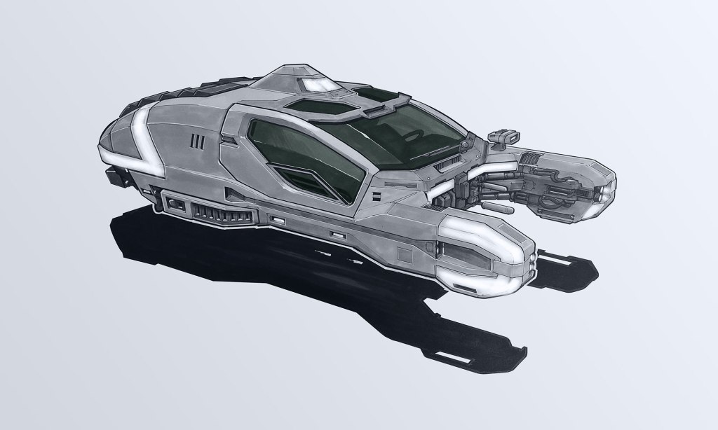 A futuristic spacecraft design featuring a sleek, aerodynamic shape, metallic silver surface, and various details such as windows, thruster pipes, and a streamlined body.