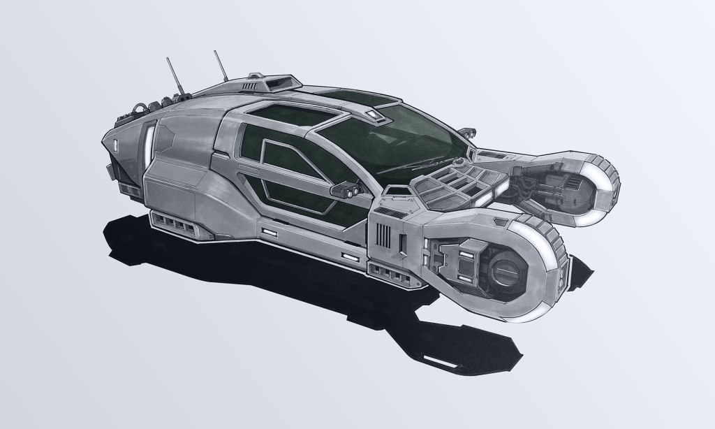 A futuristic concept design of a sleek spacecraft with a streamlined body and dual front engines, featuring large windows and intricate detailing.