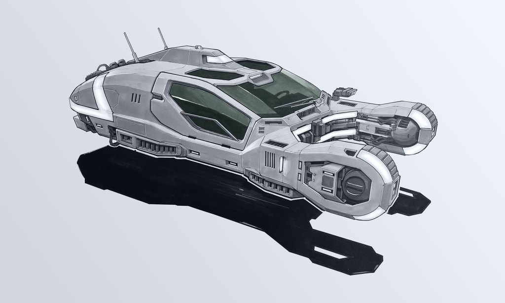 A futuristic science fiction spacecraft design featuring a sleek, aerodynamic body with large engines on either side, set against a light gray background.