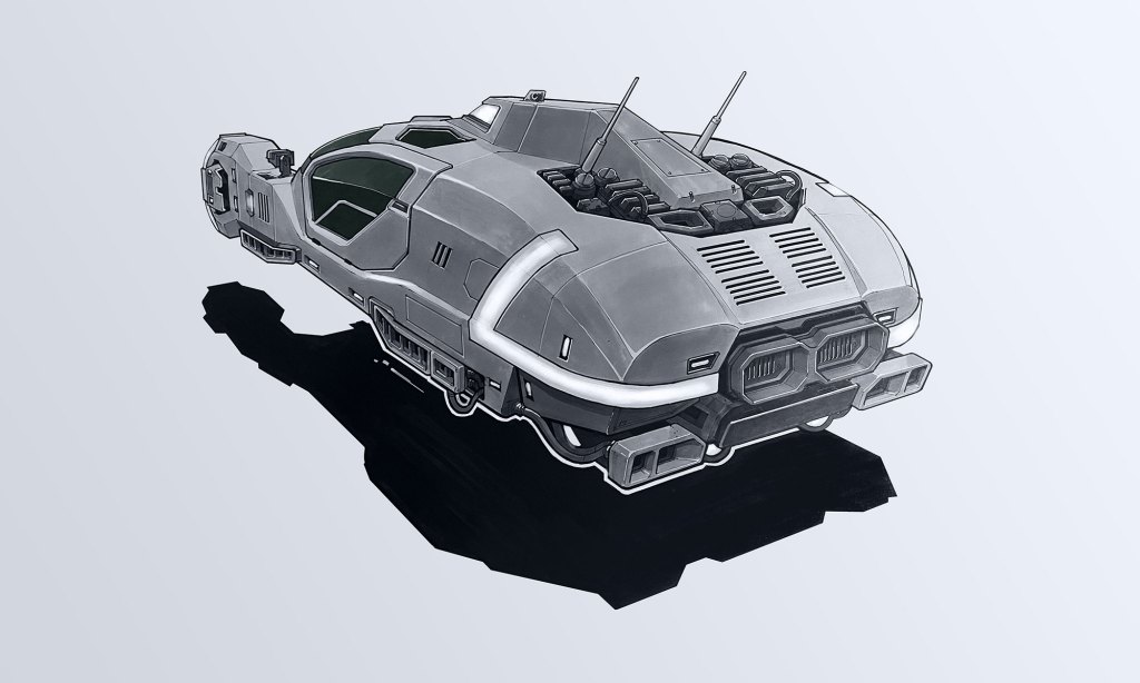 A stylized illustration of a futuristic spaceship with sleek lines and antennas, set against a light background, casting a prominent shadow.