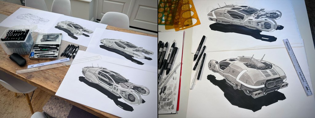 A wooden table displaying several sketches of futuristic vehicles, along with various art supplies including pens, markers, and a ruler.