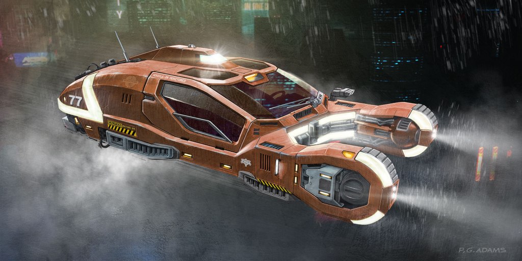 A futuristic brown hovercraft with bright headlights flying through a misty urban landscape at night.