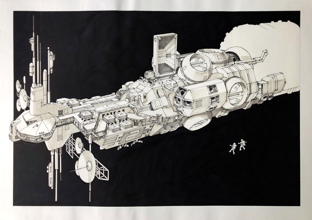 A detailed illustration of a futuristic spaceship in space, featuring various structures and antennas, with two astronauts floating nearby.