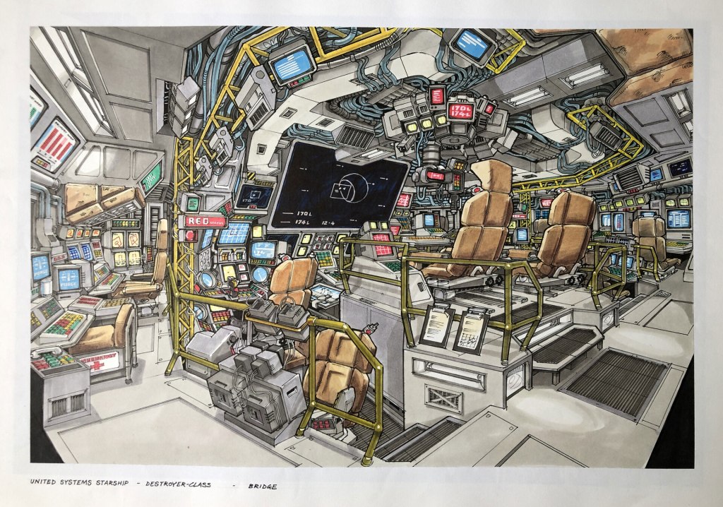 Interior view of a sci-fi starship bridge featuring multiple control panels, screens, and pilot seats, with a futuristic design.