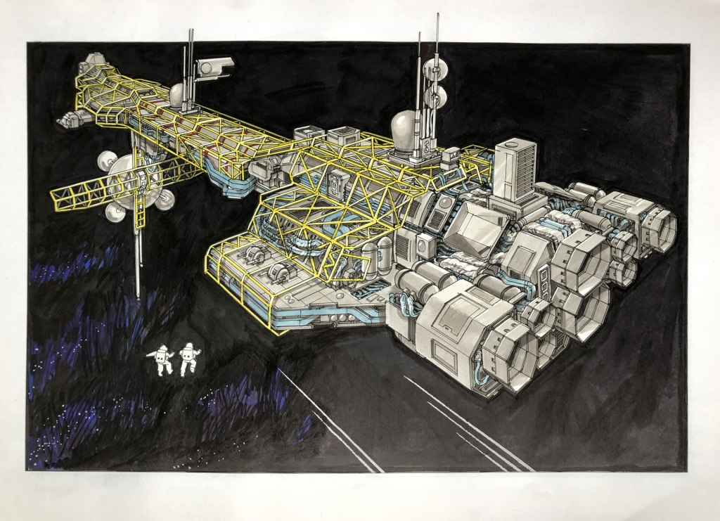 An illustration of a futuristic spacecraft with a complex design, featuring yellow structural elements and various antennas, set against a dark space background. Two astronauts are depicted floating nearby.