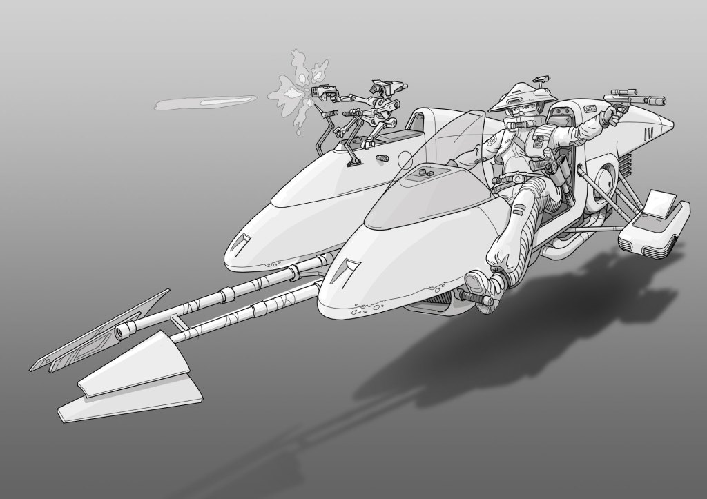A futuristic jet speeder with two long front handlebars and a character in a space suit holding a blaster, in a monochrome illustration.