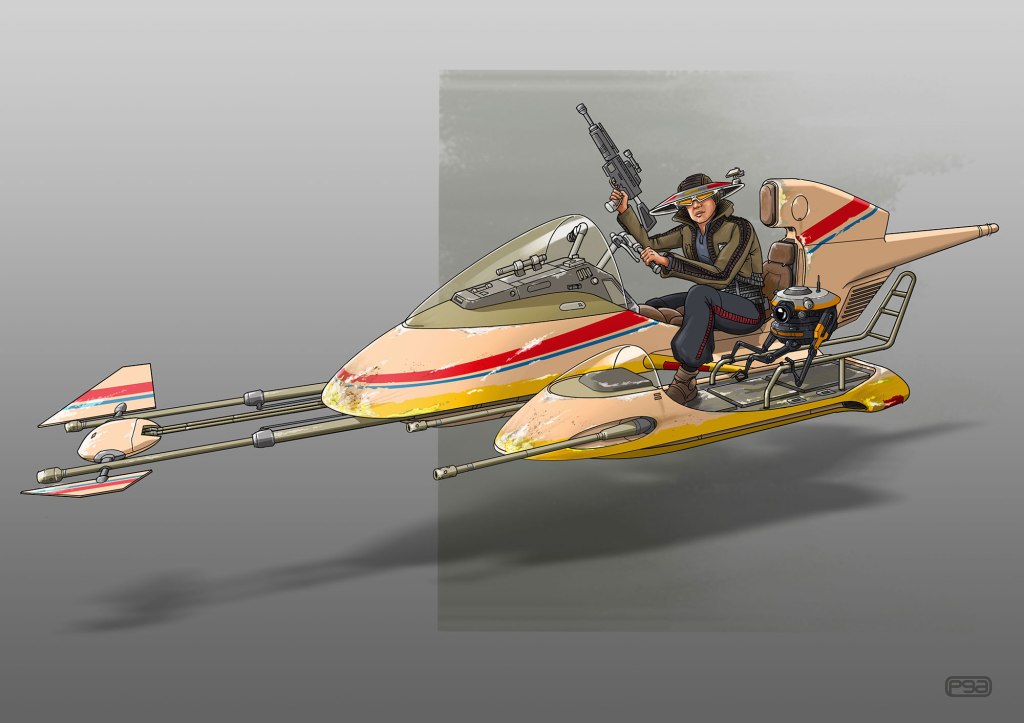 A character in a futuristic racing hovercraft, holding a weapon, with intricate details on the vehicle's design, featuring a combination of yellow and red colors.