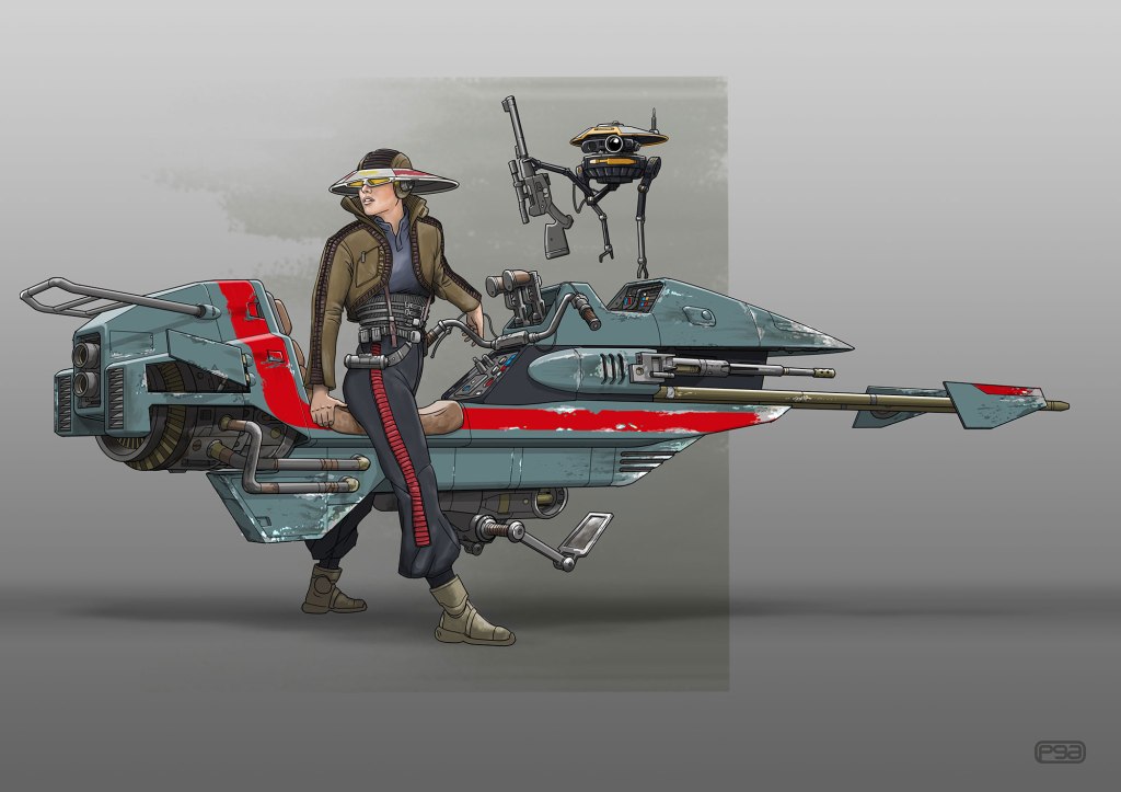 A futuristic character in a stylish outfit stands next to a sleek, high-tech hovercraft, featuring a distinctive red and blue color scheme, with a small robotic companion hovering nearby.