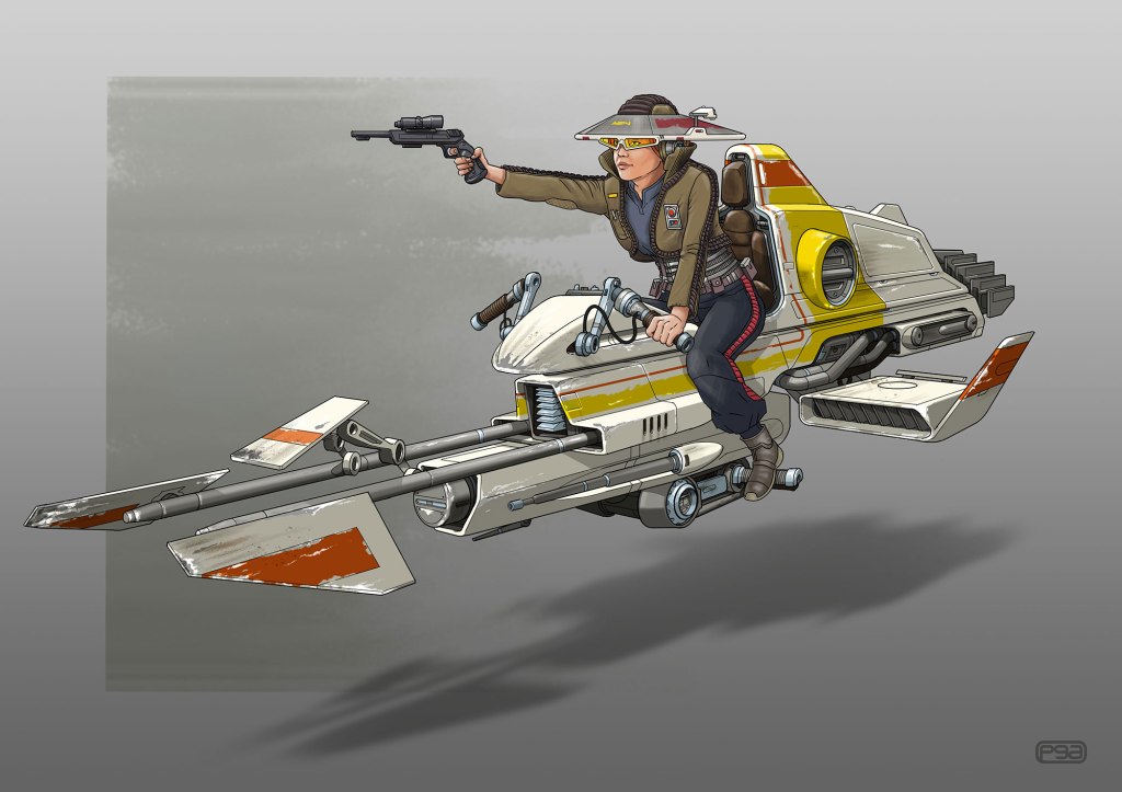 A character riding a futuristic speeder bike while aiming a blaster pistol, wearing a pilot's uniform and visor, with a sleek design and a gray background.