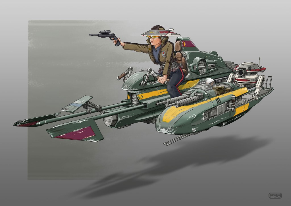 A character riding a futuristic speeder bike, holding a blaster, in a dynamic pose against a simple gray background.