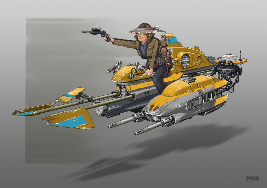 A character riding a futuristic flying vehicle, wearing a hat and holding a pistol, with a sleek yellow and gray design and mechanical details.