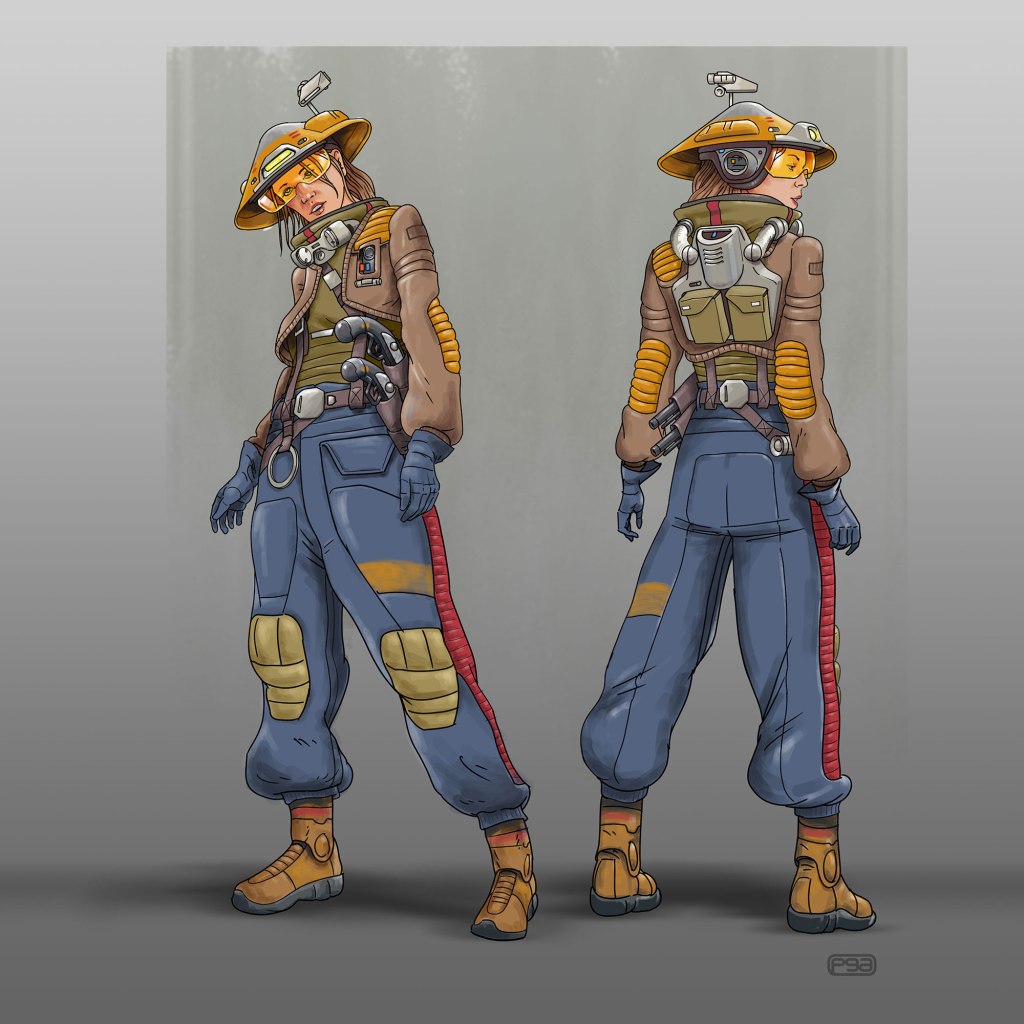 A stylized character design featuring a woman in a brown jacket, yellow goggles, and a hat, standing in a confident pose. She has utility gear and gadgets attached, with a rear view showcasing her outfit details and accessories.