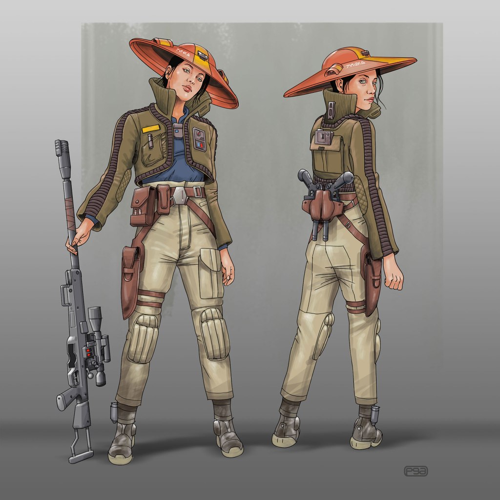 Digital illustration of a female character wearing a brown and green tactical outfit with a wide-brimmed orange hat, holding a rifle. The character is shown in a front and back view.