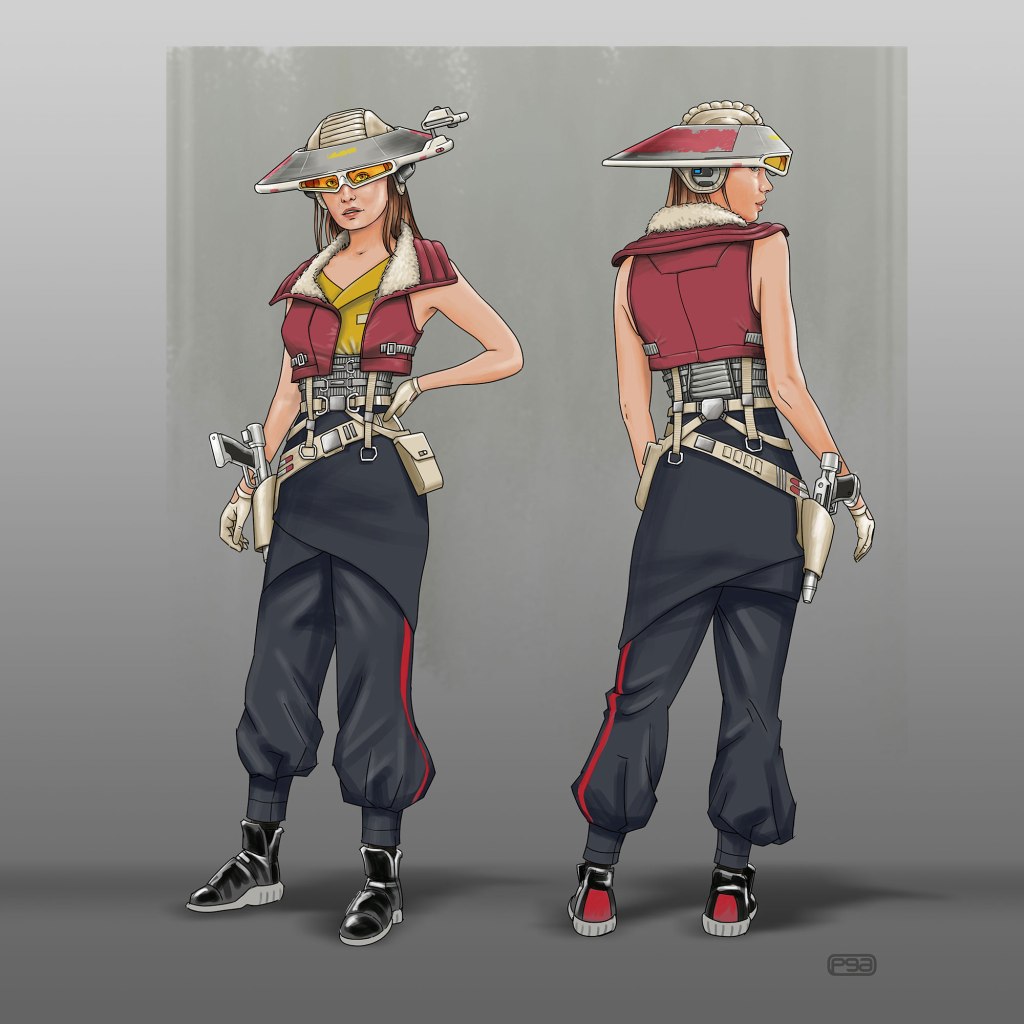 Concept art of a female character, showcasing her front and back views. She wears a modern outfit with a red top, white fur detailing, and baggy black pants featuring red stripes. Accessories include a futuristic hat and various gadgets.