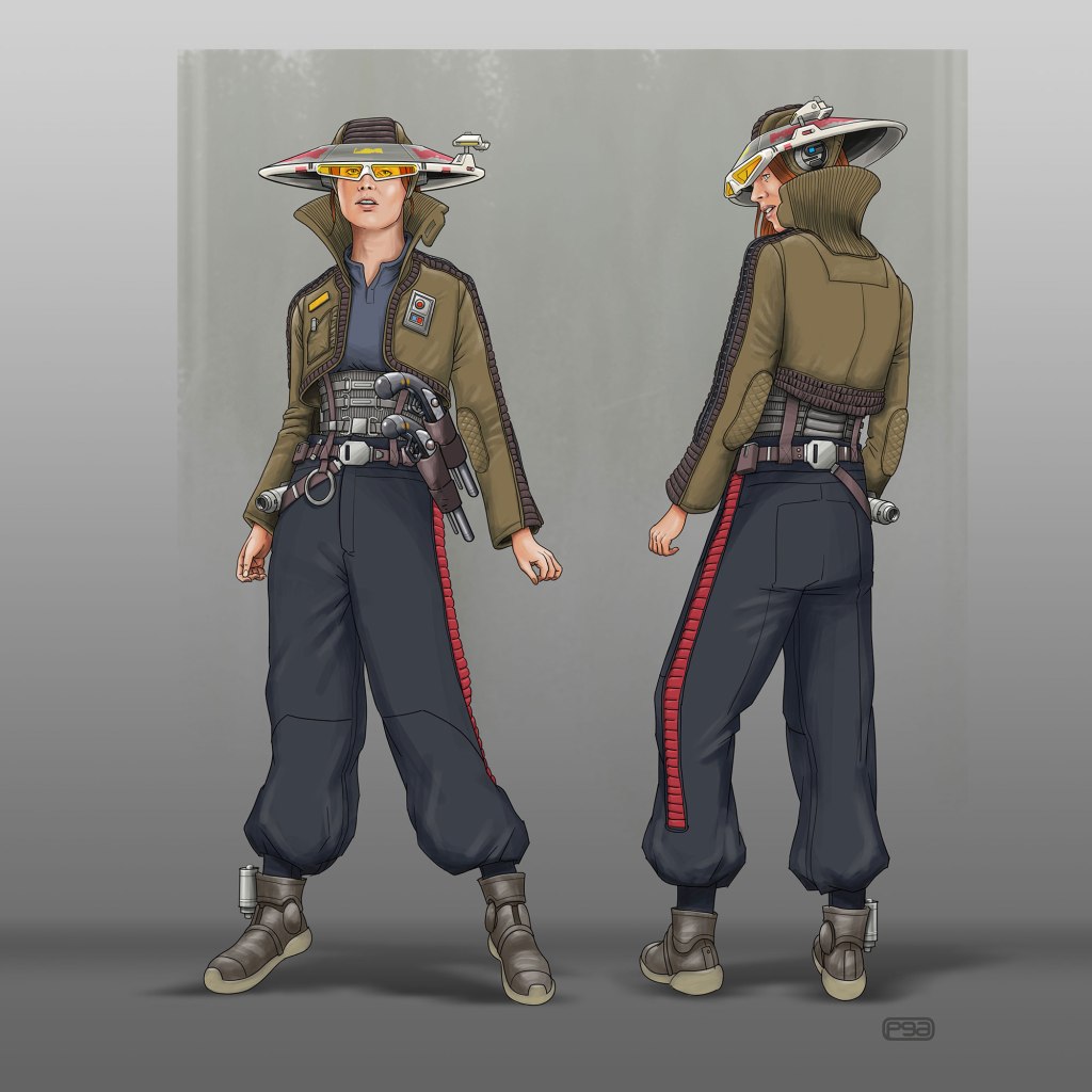 A character design featuring a person wearing a futuristic outfit with a high collar jacket, large goggles, and multiple holsters for weapons. The character is shown from the front and back, wearing baggy pants with red stripes along the side.