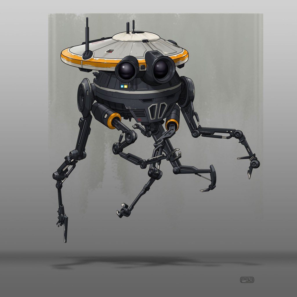 A futuristic robotic character with a dome-shaped head and multiple articulated legs, equipped with cameras for eyes and various sensors on its body.