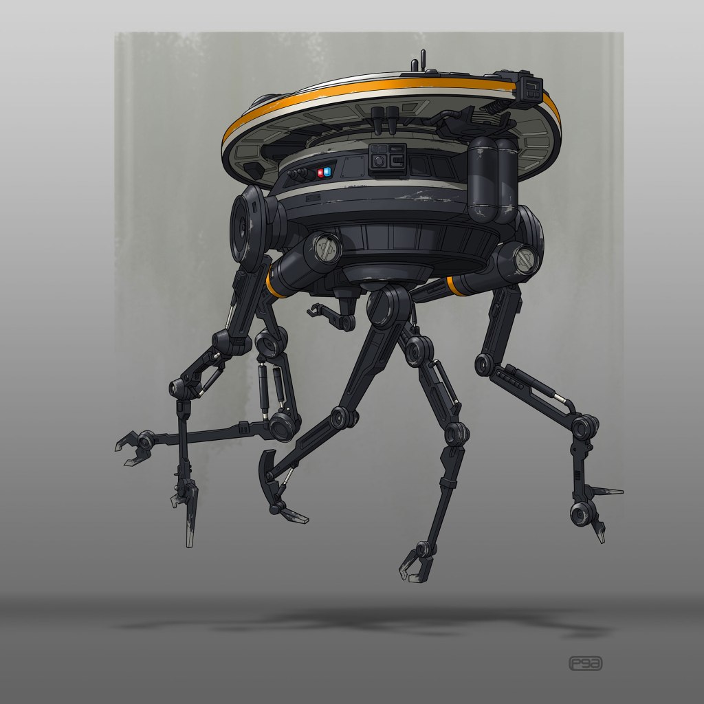 A mechanical robot with a rounded top and multiple articulated legs, displaying features like a camera, lights, and a sleek design, set against a gray background.