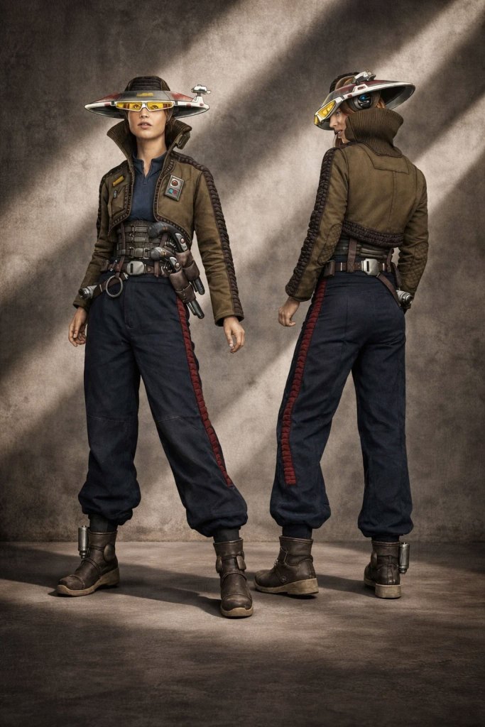 A character in a futuristic outfit featuring a brown jacket with a high collar, blue pants with red stripes, and a unique hat with visor technology. The character is posed from the front and back, showcasing a belt with various gadgets and boots.