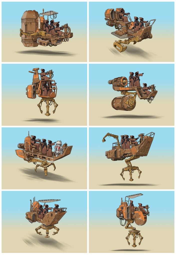A collection of eight illustrations showcasing various futuristic vehicles and crafts, each occupied by characters in a desert-like environment. The designs feature a mix of whimsical and mechanical elements, highlighting different shapes and modes of transportation.
