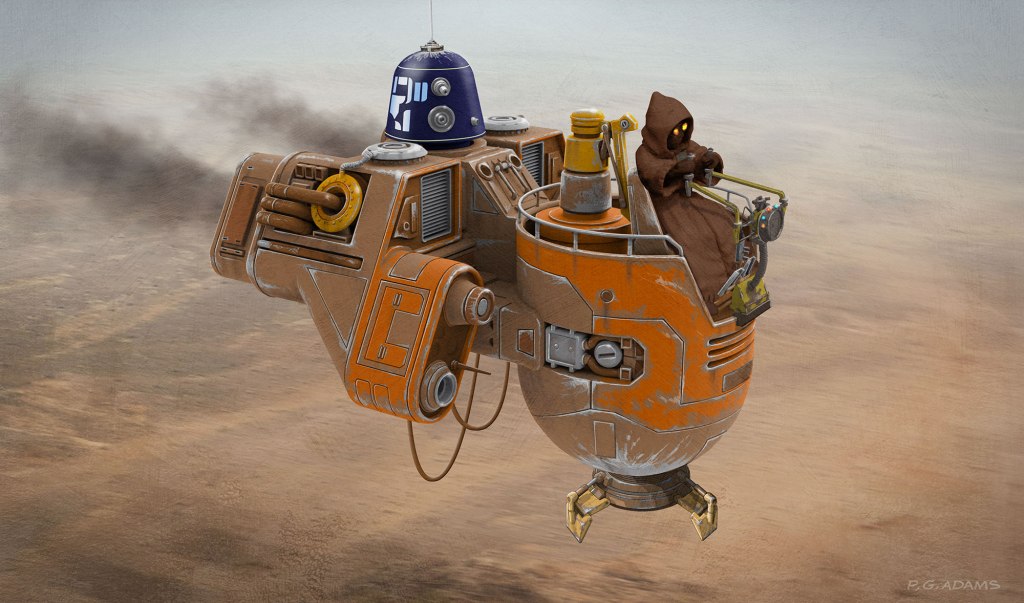 A whimsical sci-fi scene featuring a small flying vehicle with a Jawa character piloting it. The vehicle has a rounded, rusty design with mechanical details and emits smoke. The background depicts a desert landscape.