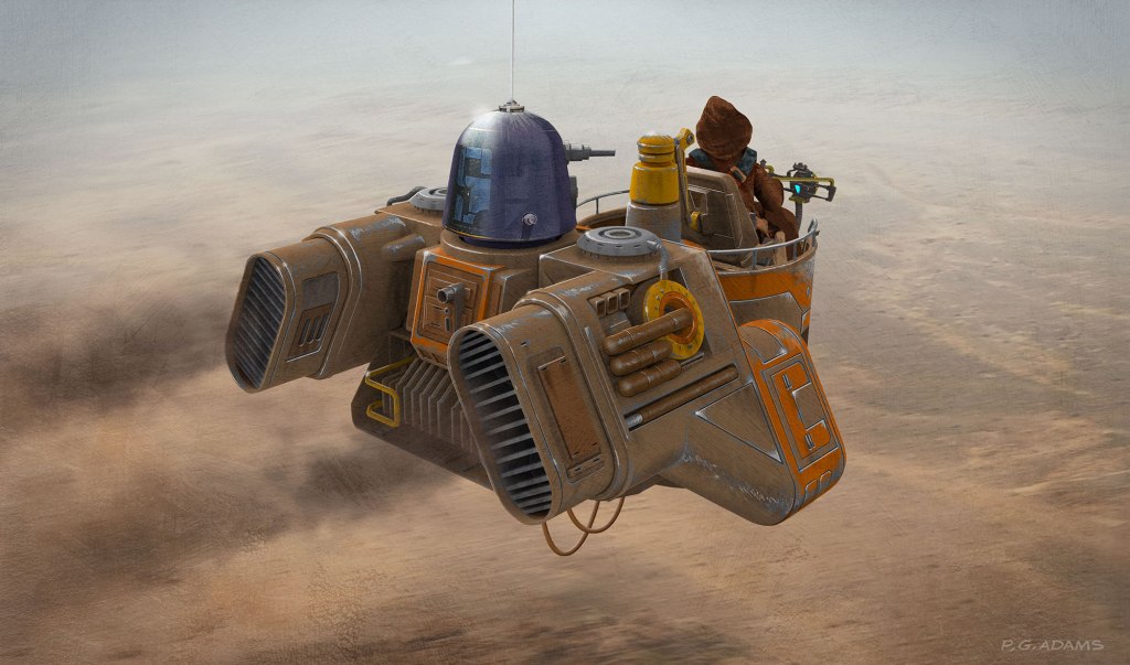 A futuristic flying vehicle with large jet engines and a pilot, soaring above a barren landscape.