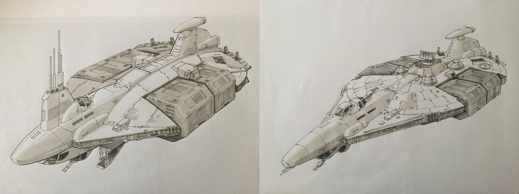 Concept design of a futuristic spacecraft, viewed from two angles, showcasing its detailed exterior features and structure.
