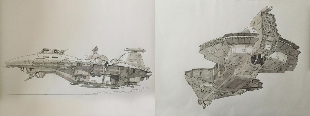 Concept sketches of two futuristic spacecraft showcasing detailed designs and mechanical features.